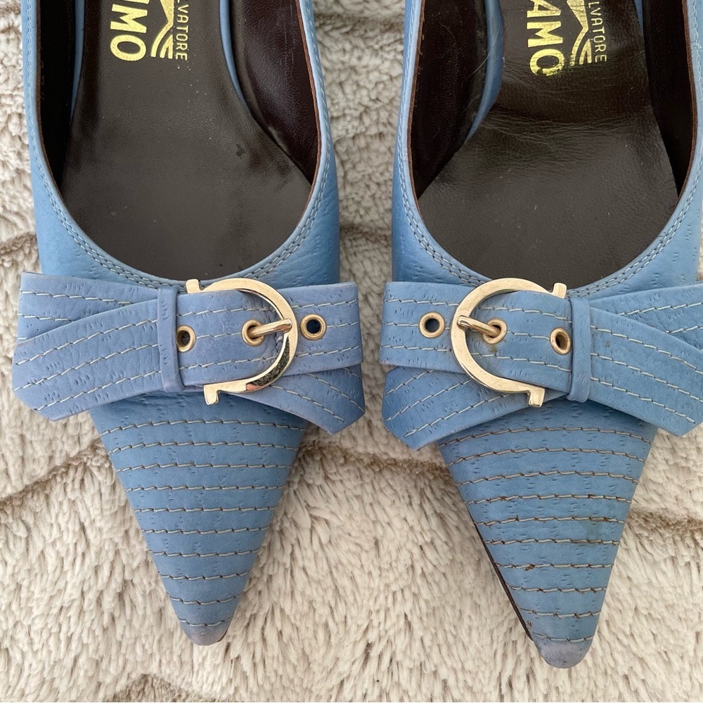 Ferragamo Vintage Baby Blue Kitten Heels with Front Buckle - Picture 4 of 13